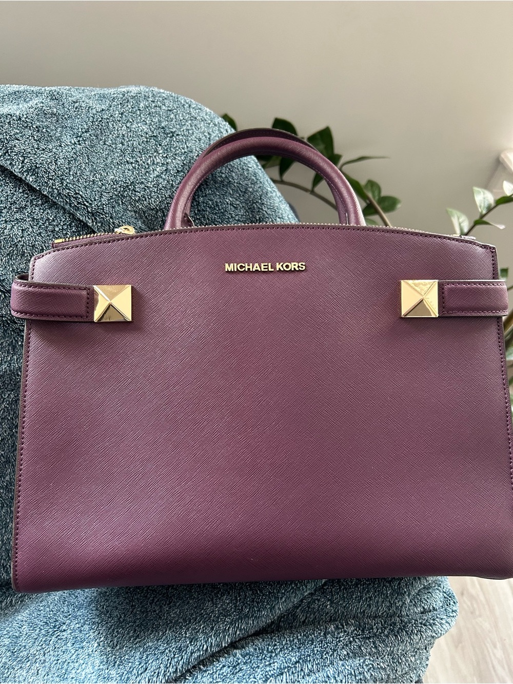 Michael Kors Wine Saffiano Leather Satchel with Gold Hardware
